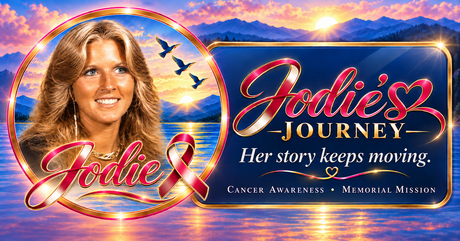Jodie’s Journey screen-share card with Jodie’s portrait, three birds, sunset mountains, water, and cancer-awareness memorial wording.